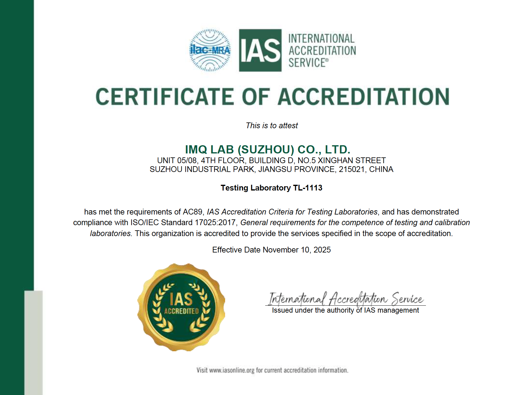 Congratulations | IMQ Lab has got IAS accreditation certificate - IMQ ...